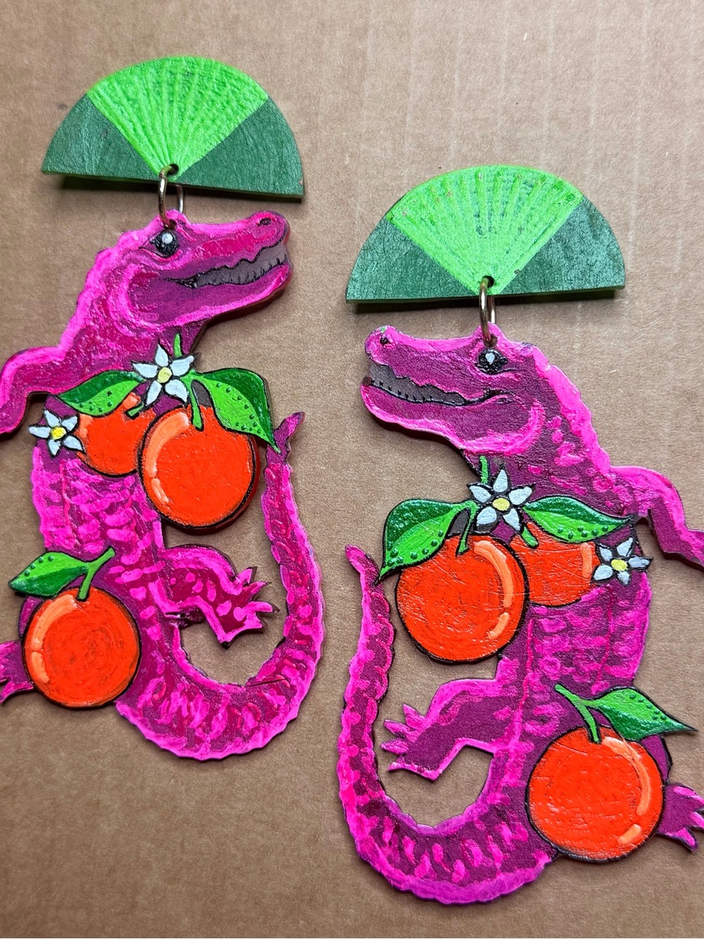 Go Gator Pink Gator Alligator Reptile Earrings with Florida Orange Fruit Accents - Picture 3 of 4